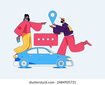 Flat vector concept operation hand drawn illustration of people taking a taxi
