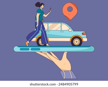 Flat vector concept operation hand drawn illustration of people taking a taxi
