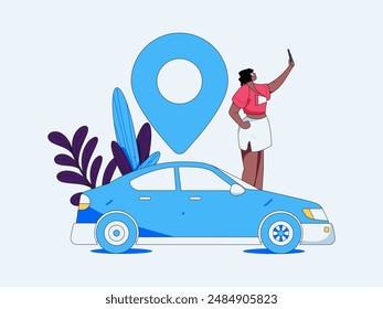 Flat vector concept operation hand drawn illustration of people taking a taxi
