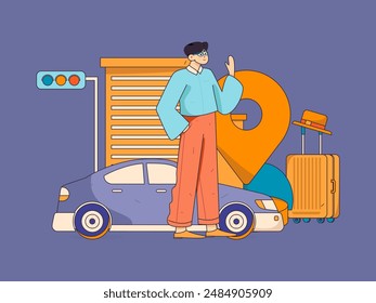 Flat vector concept operation hand drawn illustration of people taking a taxi
