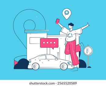 Flat vector concept operation hand drawn illustration of people taking a taxi
