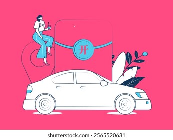 Flat vector concept operation hand drawn illustration of people taking a taxi
