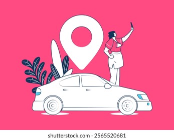 Flat vector concept operation hand drawn illustration of people taking a taxi
