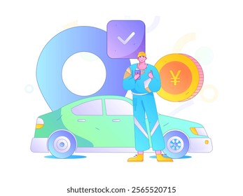 Flat vector concept operation hand drawn illustration of people taking a taxi
