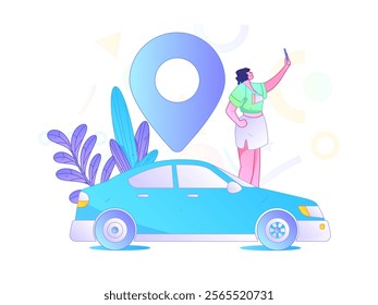 Flat vector concept operation hand drawn illustration of people taking a taxi
