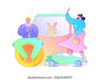 Flat vector concept operation hand drawn illustration of people taking a taxi

