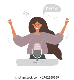 Concepto de vector plano del podcast. Ilustración de caricatura de una mujer hablando en un micrófono. Transmisión en los medios de comunicación.
