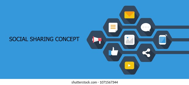Flat vector concept of Social Media Share, Icons illustration isolated on blue background