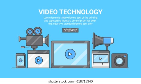 Flat vector concept of video technology, video marketing through smart devices, movie camera, photography vector concept isolated on blue background