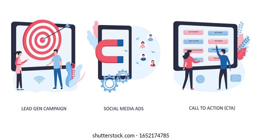 Flat vector concepts of gaining leads. Lead gen campaign, social media advertising, call to action. The landing page contains offers to buy, add to the basket, create an account, download, subscribe.