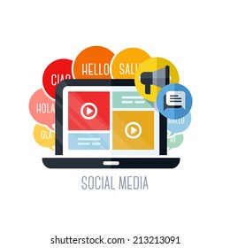 Conceptos vectores planos del marketing en medios sociales. Conjuntos de iconos para sitios web, aplicaciones móviles y materiales impresos