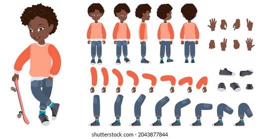 Flat Vector Conceptual Illustration of Cute African American Kid Boy with Skateboard, Cartoon Character Set For Animation, Various Views, Poses and Gestures