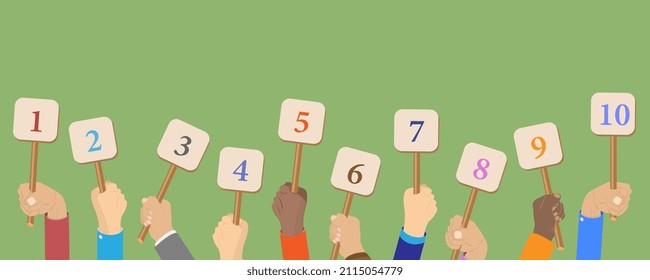 Flat Vector Conceptual Illustration of Hands Holding Scorecards, Jury Showing Cards