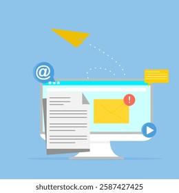 flat vector conceptual illustration with icons, incoming and sent e-mail message notification concept. vector in flat style