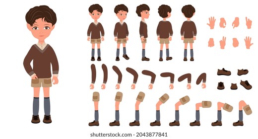 Flaches Vektordesign, Conceptual Illustration of Kid Boy Wearing Sweater, Cartoon Character Set for Animation, verschiedene Ansichten, Posen und Gesten