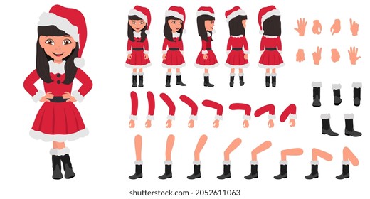 Flat Vector Conceptual Illustration of Kid Girl Wearing Santa Costume, Cartoon Character Set For Animation, Various Views, Poses and Gestures