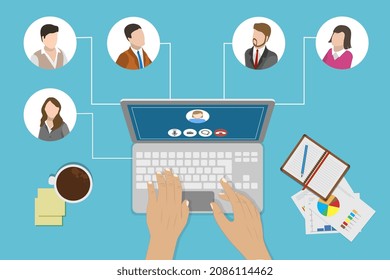 Flat Vector Conceptual Illustration of Remote Work, Distributed Professional Business Team