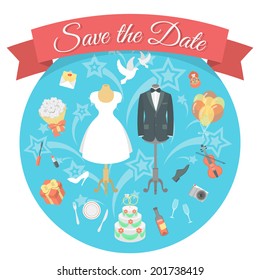 Flat vector conceptual illustration of wedding chores and preparation for the celebration of the wedding party, including wedding dress and tuxedo, festive table, cake, gifts and decorations.