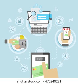 Flache Vektorillustration konzeptuelle Illustrationen des Online-Banking. Flachdesign für Webbanner, Werbematerialien, Präsentationsvorlagen.