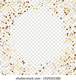 Flat Vector Confetti on Transparent Background. Isolated Triangle Dust Garland. Minimal Golden Particles Border. Star Celebrate Cover. Iridescent Foil. Falling Magic Glitter. Minimalist Streamers.