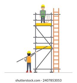 Flat vector of construction workers build a scaffolding illustration. Working at height safety. Side view of tubular pipe scaffold system.