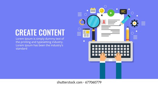 Flat Vector For Content Creation, Development, And Research. Writing Digital Content For Internet Banner Illustration With Icons Isolated On Dark Background