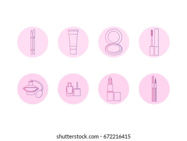 flat vector contour icons set with cosmetic items and gradient on the pink background