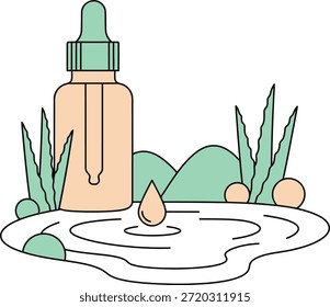Vector plano de una botella de gotero cosmética con aloe vera y ondas de agua, ideal para la marca de belleza orgánica, empaques para el cuidado de la piel, marketing de bienestar y activos de diseño de spa.
