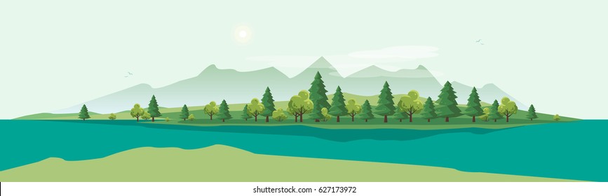 Flat vector countryside cartoon style illustration of nature landscape with trees and mountain above river.