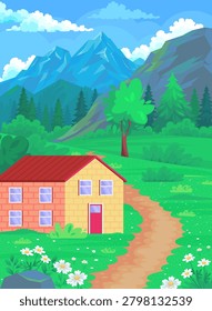 Flat vector countryside landscape with mountain backdrop, meadow, flowers and rural house. Bright spring nature scene.