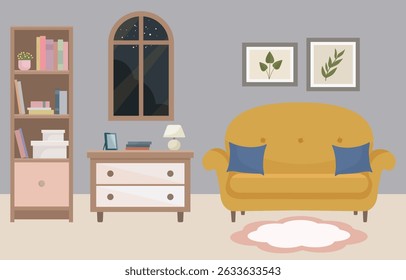 Flat vector of cozy living room with sofa, window, bookshelf and home decor. Ideal for websites, social media and interior design projects. Home furniture.