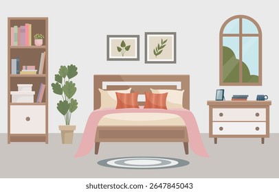 Flat vector of cozy living room with bed, window, bookshelf and home decor. Ideal for websites, social media and interior design projects. Home furniture.