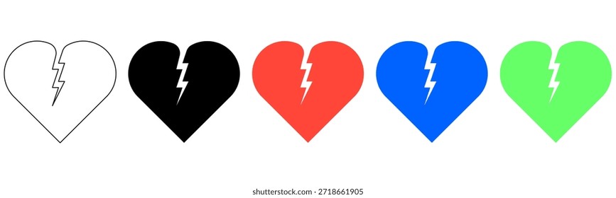 Conjunto de iconos de corazón de amor agrietado de Vector plano que representa el desamor, la relación rota, el dolor emocional y el concepto de tristeza. Colección de símbolos minimalistas, aislado sobre fondo blanco.