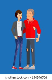 Flat vector creative character design of young happy couple standing full length and hugging, posing. Casual fashion look.