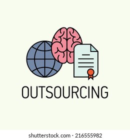 Flat vector creative concept design element on outsourcing in business and industry | Trendy line business icon on outsourcing development, research, creation process