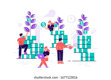 Flat vector creative illustration of business graphics, the company is engaged in the joint construction and cultivation of cash profits, career growth to success, flat color icons, business analysis