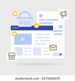 Flat vector of CRM omnichannel communication with website, video, like, heart, hashtag, chat, megaphone, email, store, and shopping cart. Great for digital marketing.