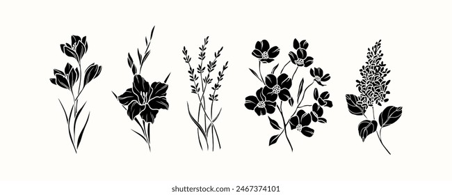 Flat vector crocus, gladiolus, lavender, dogwood, lilac