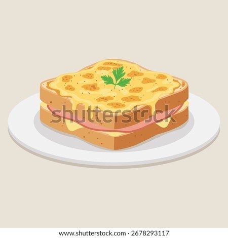 flat vector of Croque Monsieur is a classic French sandwich made with slices of bread, ham, and melted cheese, creamy bechamel sauce and then grilled.