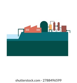 Flat vector cross section illustration of a coastal industrial factory with water intake pipes, silos, and processing tanks isolated on white background.