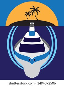 A flat vector cruise ship is sailing away from a tropical island toward evening