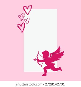 Silueta de cupido de Vector plano con corazones dibujados a mano en marco rosa para la tarjeta de felicitación del día de San Valentín y el fondo romántico de la invitación