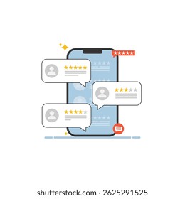 Flat vector of customer review and rating on mobile screen. Modern testimonial concept for app feedback, business review, client satisfaction, or online rating presentation