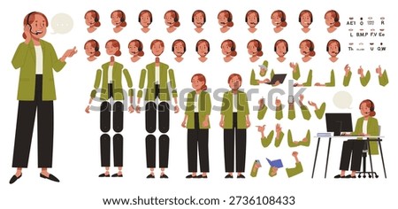 Flat vector customer support agent character constructor with multiple poses, facial expressions, hand gestures and accessories. Female call center operator creation kit for animation, explainer videos, web design, mobile apps and customer service concepts