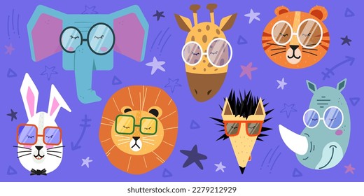  Flat vector cute animals with glasses cartoon character collection for kids and baby. Nursery poster for baby room, greeting cards, childish seamless pattern.