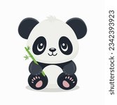 Flat Vector Cute Cartoon Panda Character with Bamboo. Funny Smiling Sitting Panda Bear in Front View