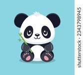 Flat Vector Cute Cartoon Panda Character with Bamboo. Funny Smiling Sitting Panda Bear in Front View