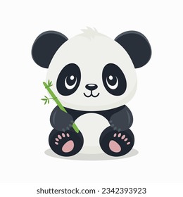Flat Vector Cute Cartoon Panda Character with Bamboo. Funny Smiling Sitting Panda Bear in Front View svg