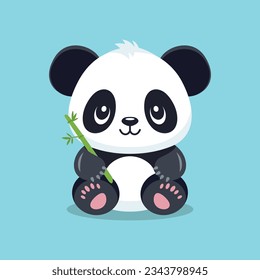 Flat Vector Cute Cartoon Panda Character with Bamboo. Funny Smiling Sitting Panda Bear in Front View svg