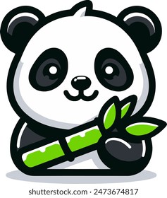 Flat Vector Cute Cartoon Panda Character with Bamboo. Funny Smiling Sitting Panda Bear in Front View